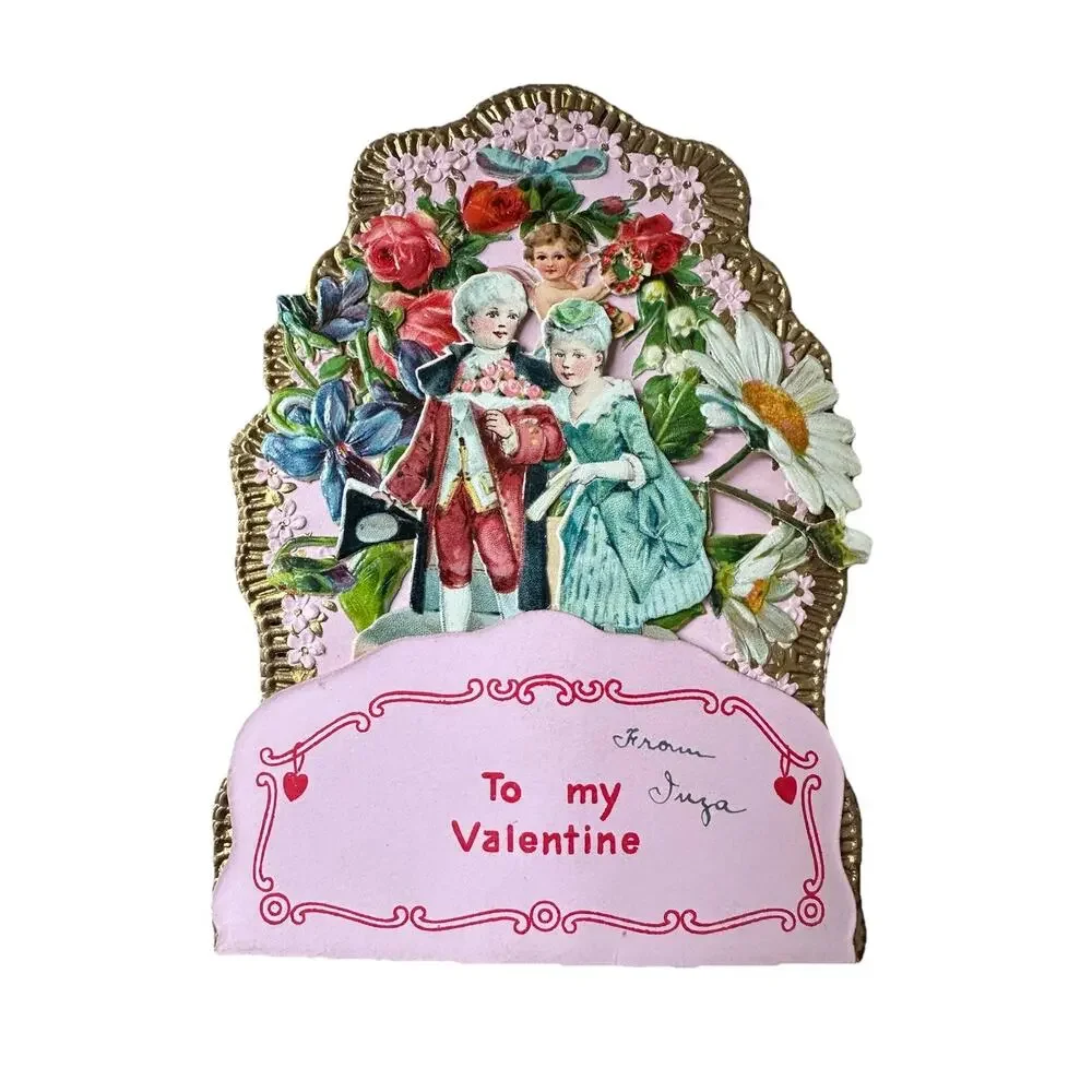 Victorian Antique Vintage Germany Diecut 3-D VALENTINES Card Cupid Couple Floral